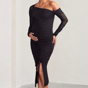 Club L London Sweet Dreams Black Maternity Asymmetric Ruched Midi Dress